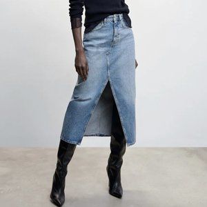 New with labels: Mango denim midi, high-waisted denim skirt, large